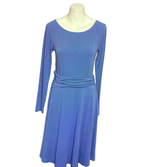 Betabrand Dresses & Skirts - Betabrand Slate Blue Long-Sleeve Draped Waist Dress Sz Small